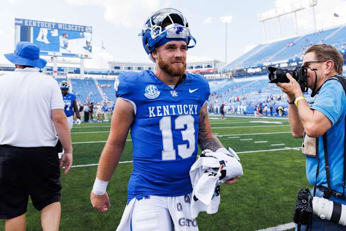 Kentucky QB Devin Leary after a win over Ball State on September 2nd, 2023, in Lexington, Kentucky. (Photo by Jordan Prather of USA Today Sports)